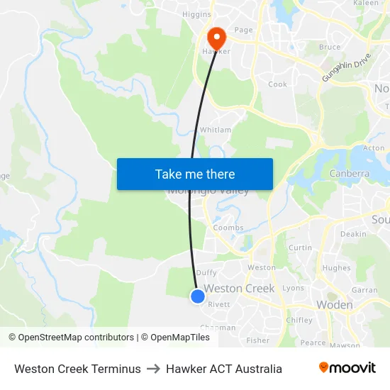 Weston Creek Terminus to Hawker ACT Australia map