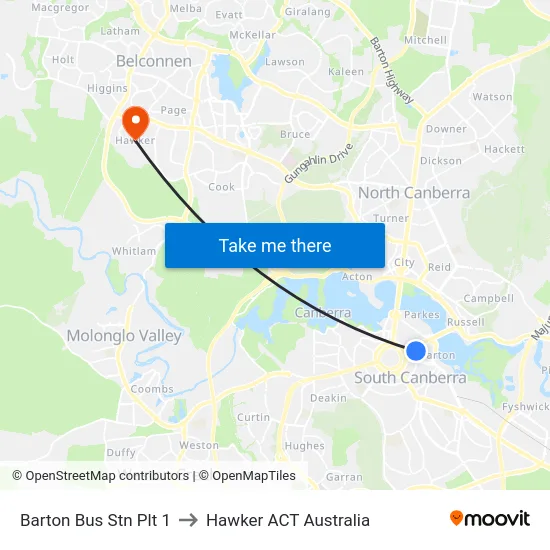 Barton Bus Stn Plt 1 to Hawker ACT Australia map