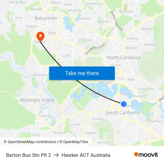 Barton Bus Stn Plt 2 to Hawker ACT Australia map
