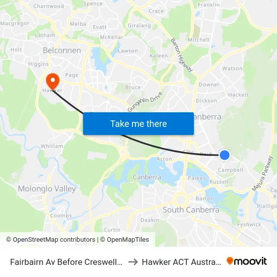 Fairbairn Av Before Creswell St to Hawker ACT Australia map