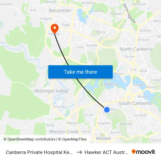 Canberra Private Hospital Kent St to Hawker ACT Australia map