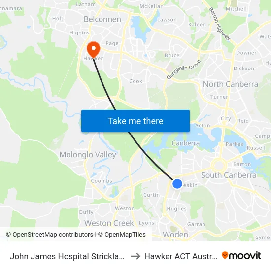 John James Hospital Strickland Cr to Hawker ACT Australia map