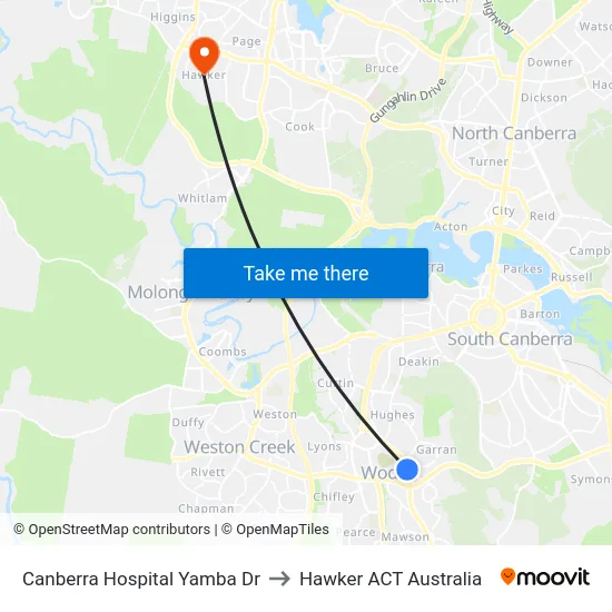 Canberra Hospital Yamba Dr to Hawker ACT Australia map