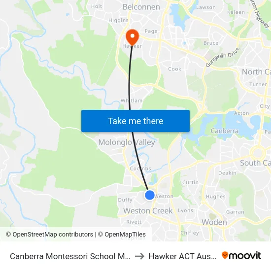 Canberra Montessori School Mulley St to Hawker ACT Australia map