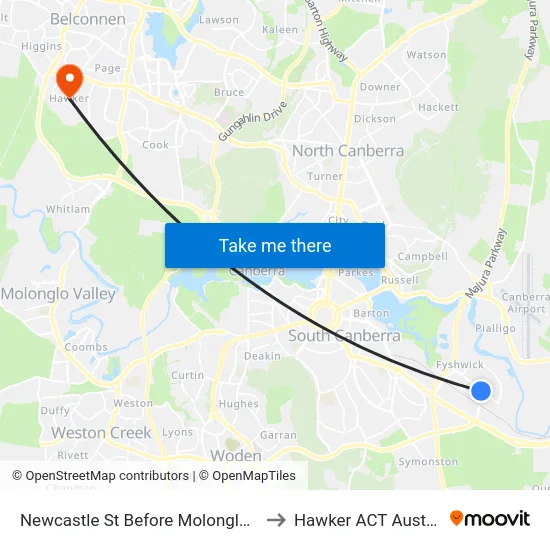 Newcastle St Before Molonglo Mall to Hawker ACT Australia map