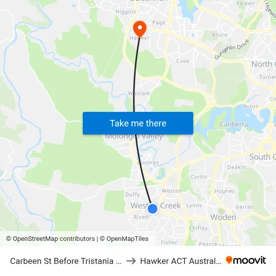 Carbeen St Before Tristania St to Hawker ACT Australia map