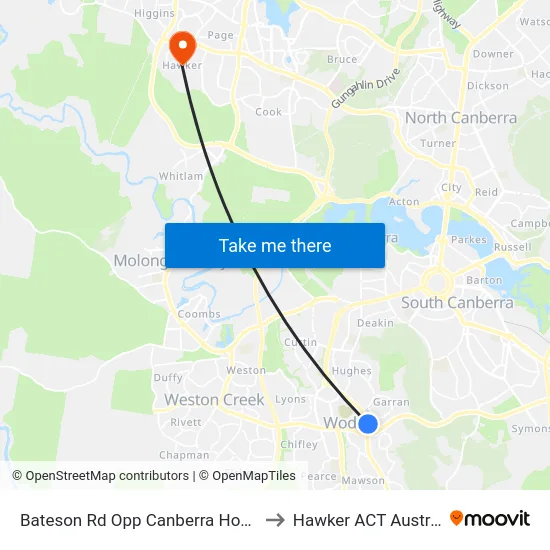Bateson Rd Opp Canberra Hospital to Hawker ACT Australia map