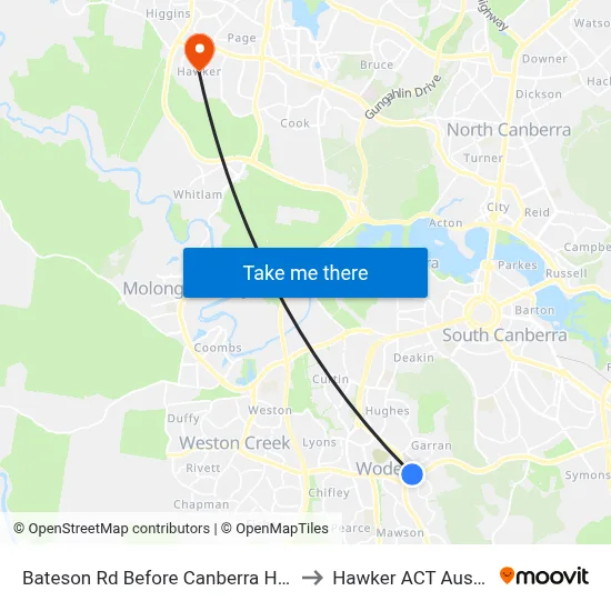 Bateson Rd Before Canberra Hospital to Hawker ACT Australia map