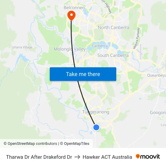Tharwa Dr After Drakeford Dr to Hawker ACT Australia map