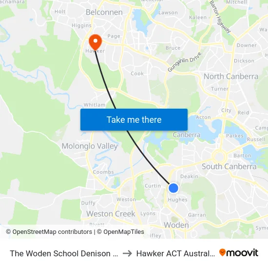 The Woden School Denison St to Hawker ACT Australia map