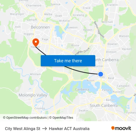 City West Alinga St to Hawker ACT Australia map