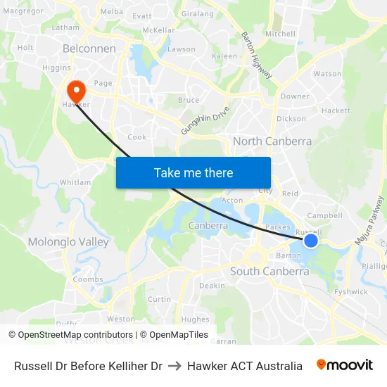 Russell Dr Before Kelliher Dr to Hawker ACT Australia map