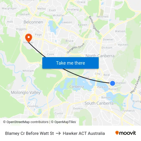 Blamey Cr Before Watt St to Hawker ACT Australia map