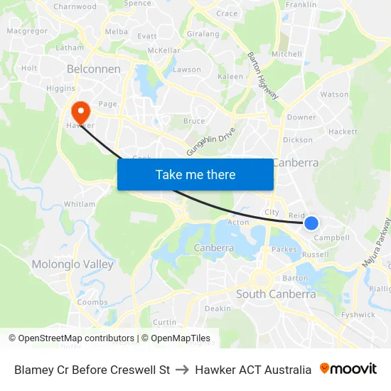 Blamey Cr Before Creswell St to Hawker ACT Australia map