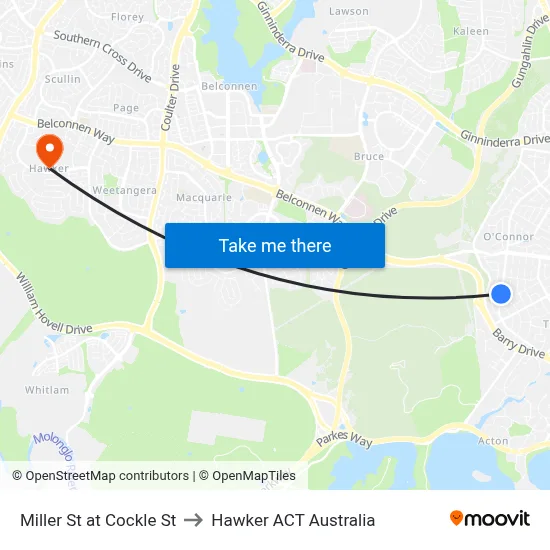 Miller St at Cockle St to Hawker ACT Australia map