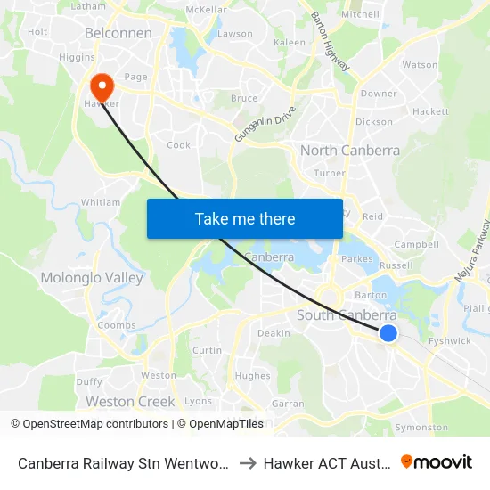 Canberra Railway Stn Wentworth Av to Hawker ACT Australia map