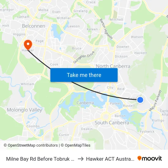 Milne Bay Rd Before Tobruk Rd to Hawker ACT Australia map