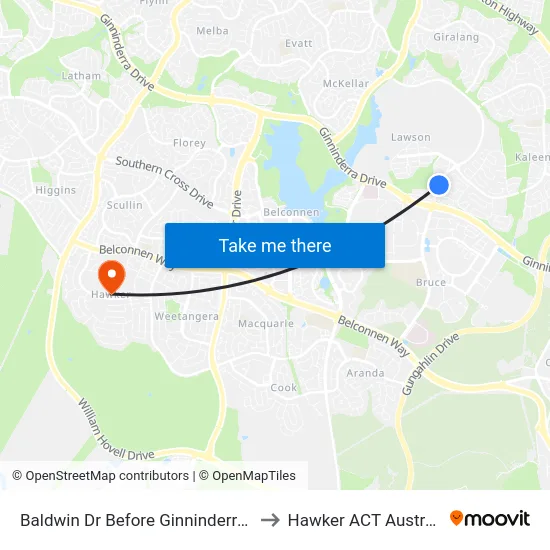 Baldwin Dr Before Ginninderra Dr to Hawker ACT Australia map