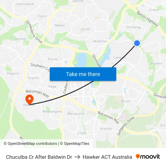 Chuculba Cr After Baldwin Dr to Hawker ACT Australia map