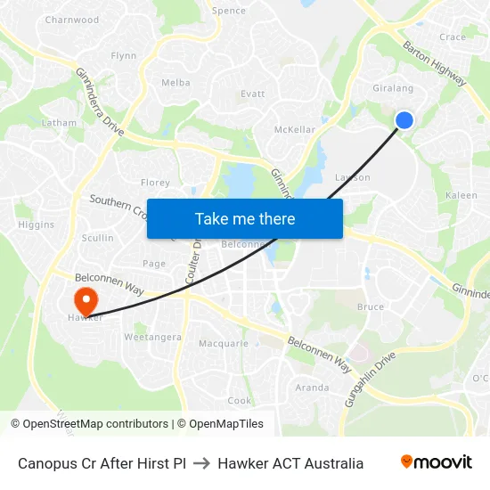 Canopus Cr After Hirst Pl to Hawker ACT Australia map
