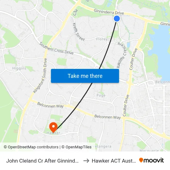 John Cleland Cr After Ginninderra Dr to Hawker ACT Australia map
