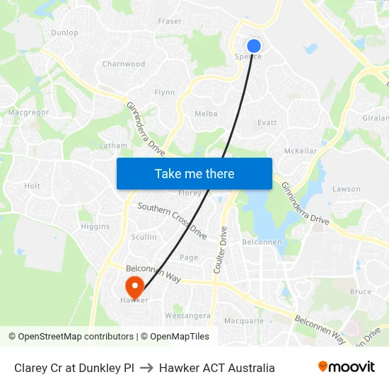 Clarey Cr at Dunkley Pl to Hawker ACT Australia map