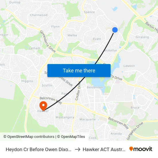 Heydon Cr Before Owen Dixon Dr to Hawker ACT Australia map