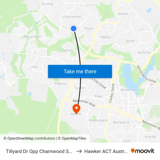 Tillyard Dr Opp Charnwood Shops to Hawker ACT Australia map