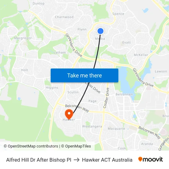 Alfred Hill Dr After Bishop Pl to Hawker ACT Australia map