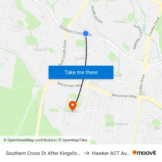 Southern Cross Dr After Kingsford Smith Dr to Hawker ACT Australia map