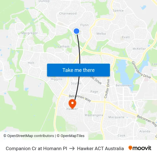 Companion Cr at Homann Pl to Hawker ACT Australia map