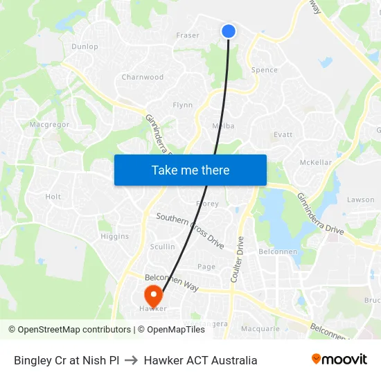 Bingley Cr at Nish Pl to Hawker ACT Australia map