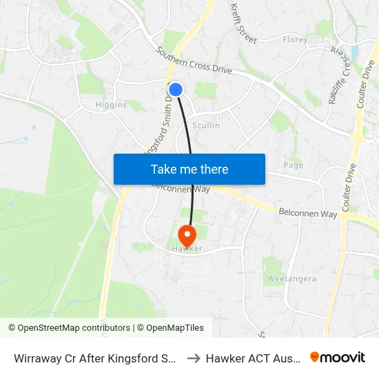 Wirraway Cr After Kingsford Smith Dr to Hawker ACT Australia map