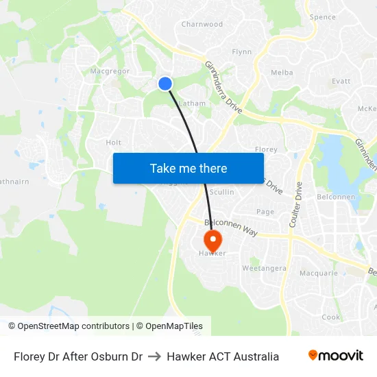 Florey Dr After Osburn Dr to Hawker ACT Australia map