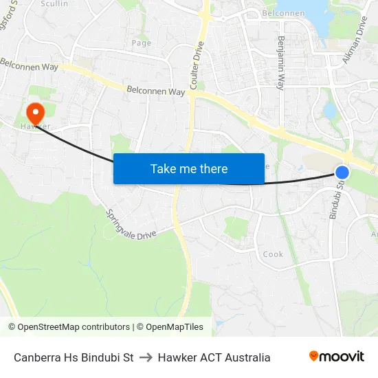 Canberra Hs Bindubi St to Hawker ACT Australia map
