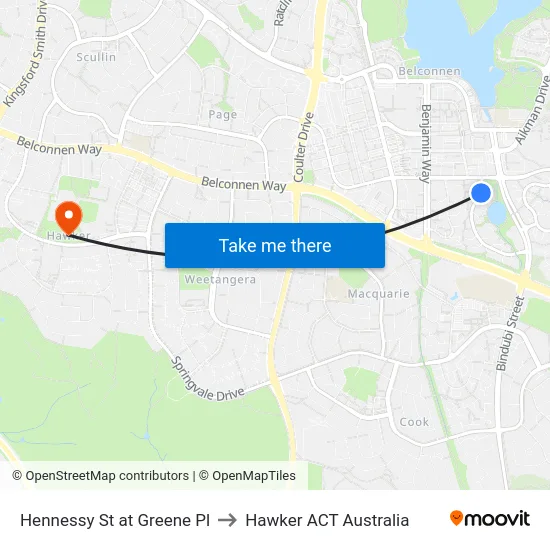 Hennessy St at Greene Pl to Hawker ACT Australia map