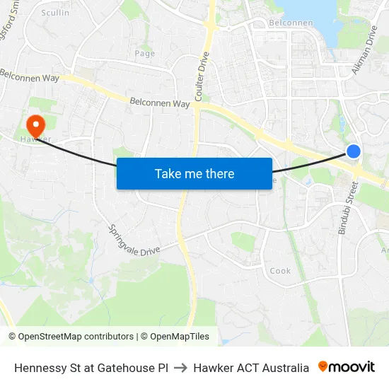 Hennessy St at Gatehouse Pl to Hawker ACT Australia map