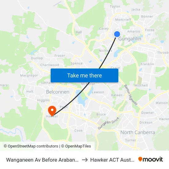 Wanganeen Av Before Arabanoo Cr to Hawker ACT Australia map