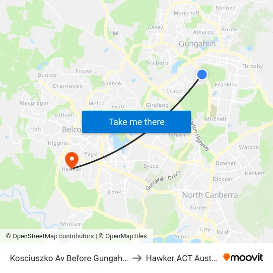 Kosciuszko Av Before Gungahlin Dr to Hawker ACT Australia map