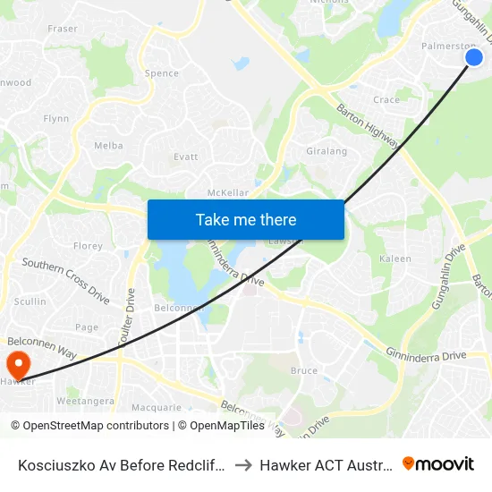 Kosciuszko Av Before Redcliffe St to Hawker ACT Australia map