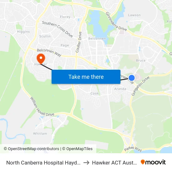 North Canberra Hospital Haydon Dr to Hawker ACT Australia map