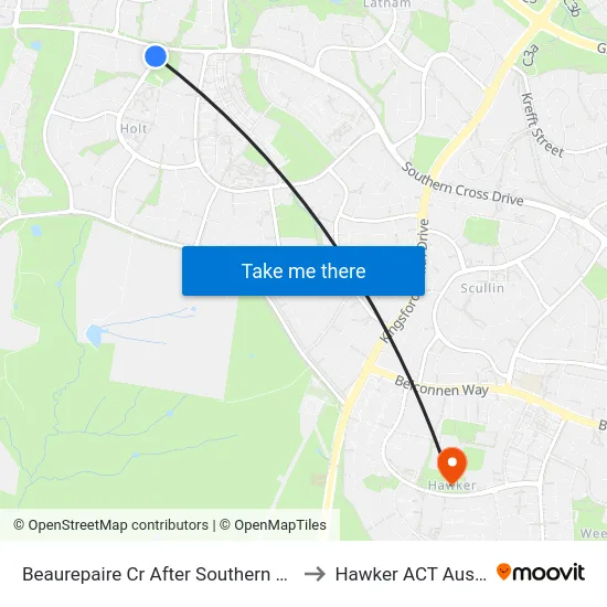 Beaurepaire Cr After Southern Cross Dr to Hawker ACT Australia map
