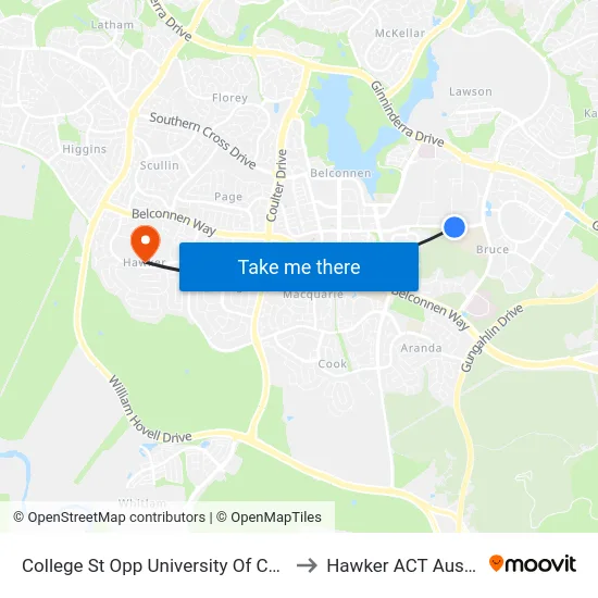 College St Opp University Of Canberra to Hawker ACT Australia map