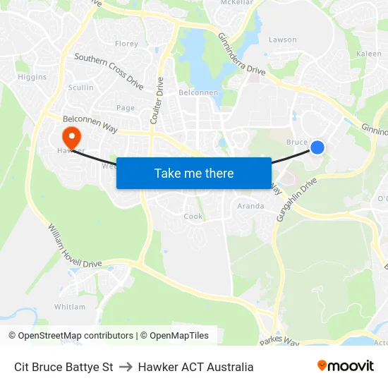 Cit Bruce Battye St to Hawker ACT Australia map