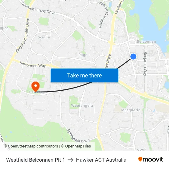 Westfield Belconnen Plt 1 to Hawker ACT Australia map
