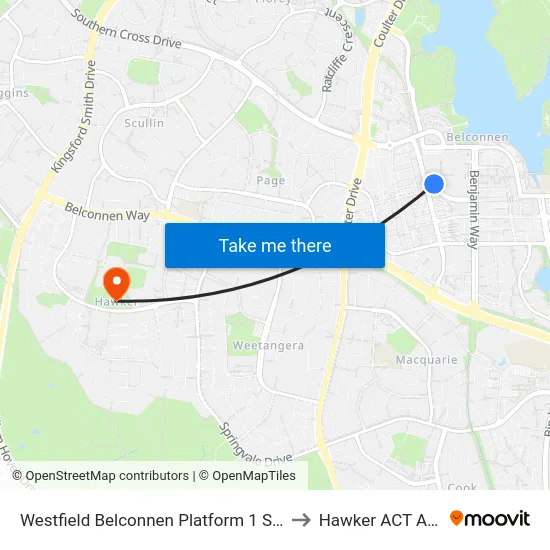 Westfield Belconnen Platform 1 Set Down Only to Hawker ACT Australia map