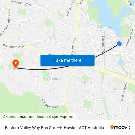 Eastern Valley Way Bus Stn to Hawker ACT Australia map