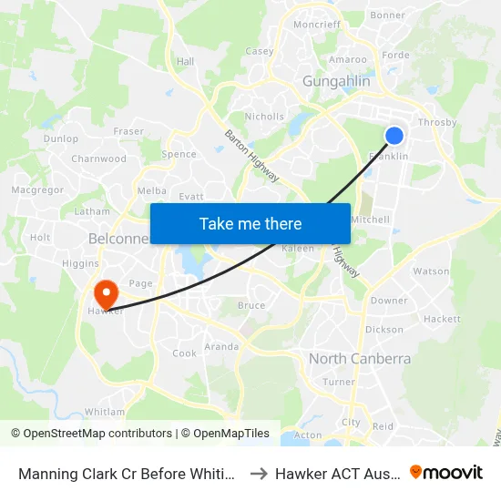 Manning Clark Cr Before Whitington St to Hawker ACT Australia map