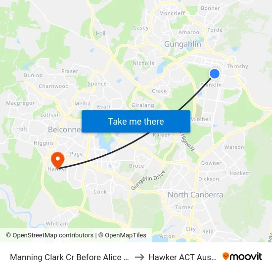 Manning Clark Cr Before Alice Crist St to Hawker ACT Australia map