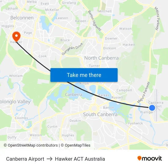 Canberra Airport to Hawker ACT Australia map